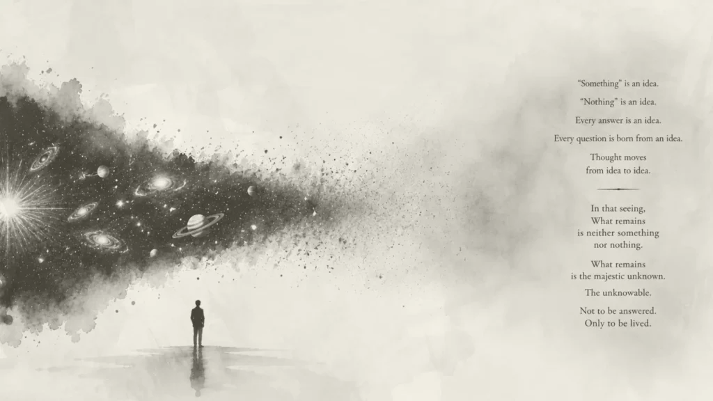 Minimalist illustration of an expanding universe fading into nothingness, symbolizing the philosophical question of whether something can come from nothing.