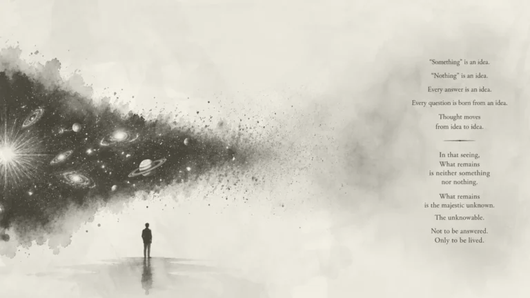 Minimalist illustration of an expanding universe fading into nothingness, symbolizing the philosophical question of whether something can come from nothing.