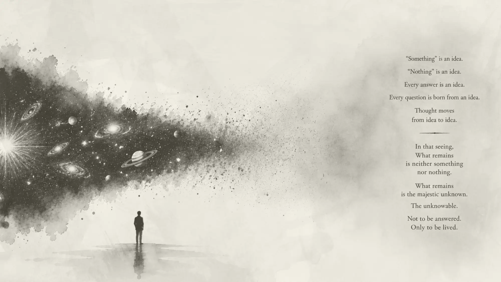 Minimalist illustration of an expanding universe fading into nothingness, symbolizing the philosophical question of whether something can come from nothing.